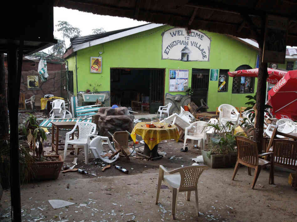 Debris outside the bombed Ugandan restaurant. Debris outside the bombed Ugandan restaurant.